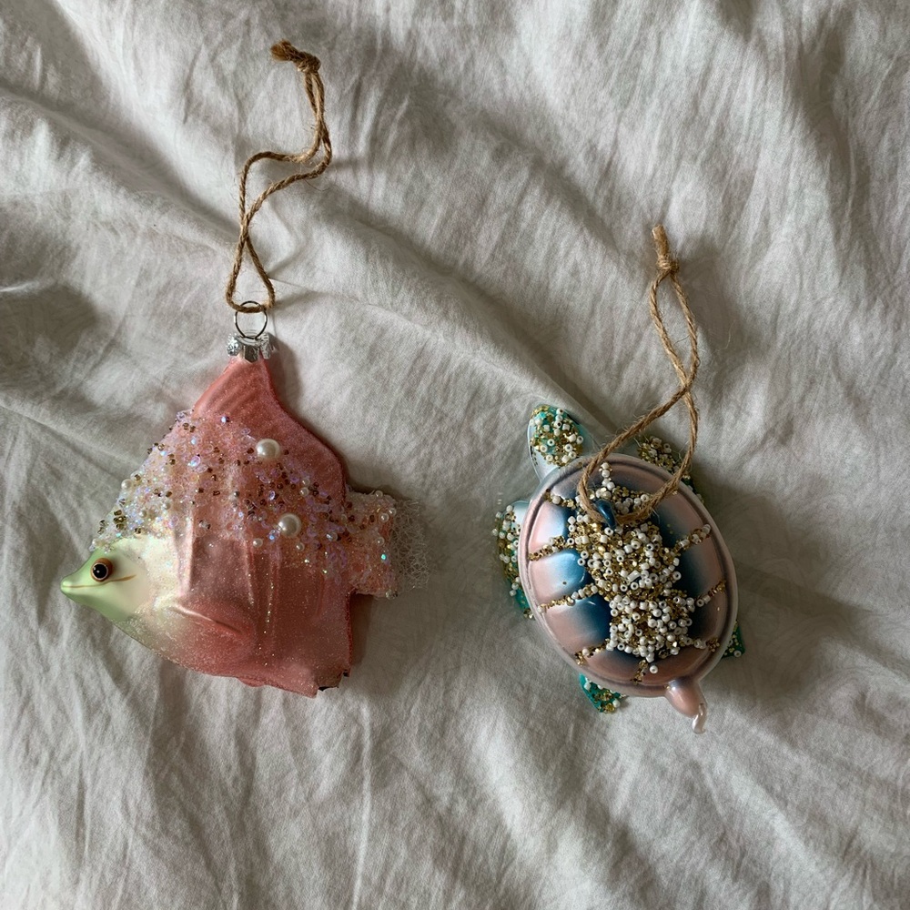 West Elm Set of 2 Glass Bedazzled Ornaments - Fish and Turtle